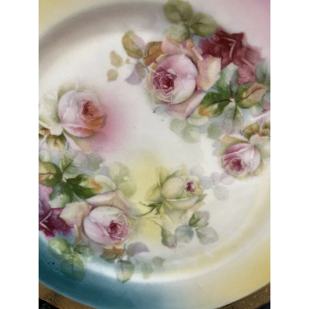 Vintage Hand Painted Porcelain Blue Bright Plate Roses Gold Gilt Scalloped Edge